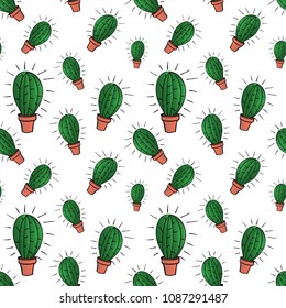 home green cactus in brown pot in gradient colors, seamless pattern isolated on white background, stock vector illustration