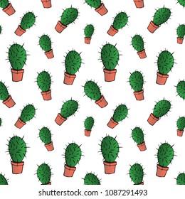 home green cactus in brown pot in gradient colors, seamless pattern isolated on white background, stock vector illustration