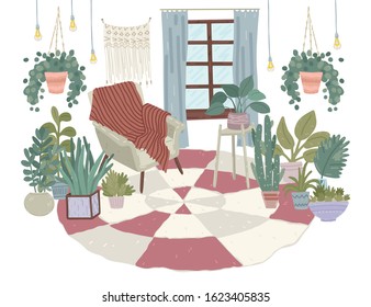 Home green interior, cozy loft space. Scene in an apartment or house. Urban jungle, trendy home decor with plants, planters, cacti, tropical leaves