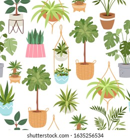 Home green potted plants vector seamless pattern. Pots with tropical cactuses, succulents and trees. Cartoon illustration of home plants isolated on white for textile, wrapping decoration.