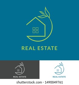 home green real estate logo Abstract real estate agent logo icon vector design. Rent, sale of real estate vector logo, House cleaning, home security, real estate auction, grass cutting. Vector buildin