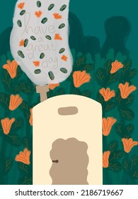 home with green trees and orange flowers on the back and smoke in flowers and leaves with the lettering “have a great day” illustrations. for phone case, wallpaper, covers, decor, background, designs