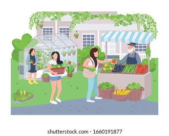 Home greenhouse 2D vector web banner, poster. Gardeners and buyer flat characters on cartoon background. Gardening, veggies growing, organic produce selling printable patches, colorful web elements