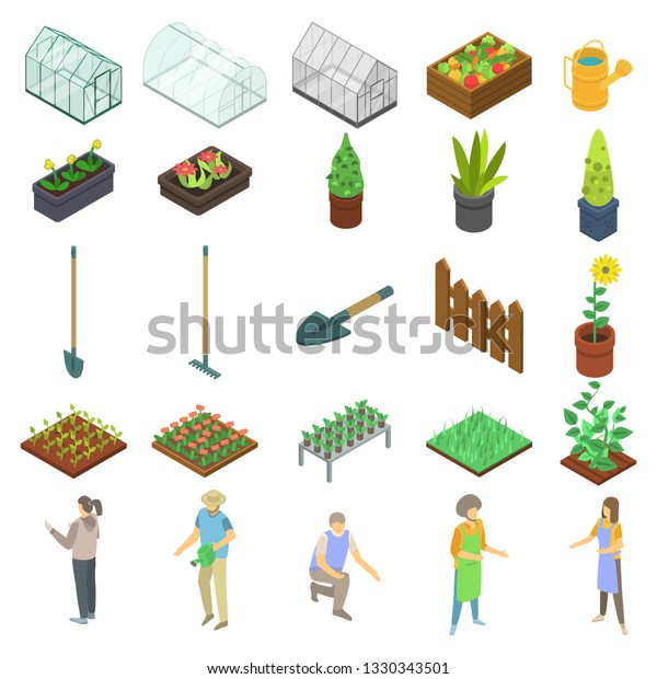 Home\
greenhouse icons set. Isometric set of home greenhouse vector icons\
for web design isolated on white\
background