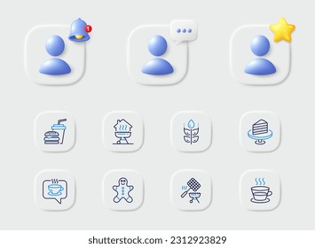 Home grill, Hamburger and Gingerbread man line icons. Placeholder with 3d star, reminder bell, chat. Pack of Coffee, Coffee cup, Gluten free icon. Cake, Grill basket pictogram. Vector