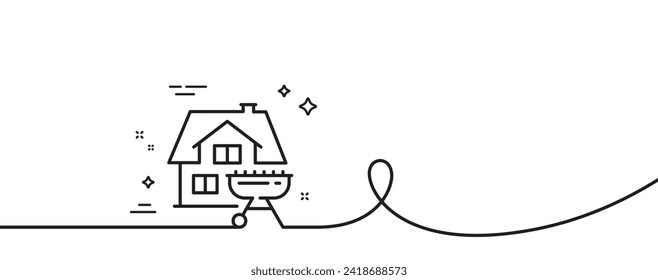Icono de la línea de parrilla del hogar. Una línea continua con curl. Fogón de barbacoa para el cartel de comida para cocinar. Símbolo de la carne más brusca. Cinta de contorno simple de la parrilla doméstica. Patrón de curva de bucle. Vector