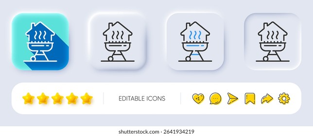 Home grill line icon. Neumorphic, Flat shadow, 3d buttons. Barbecue cooker for cooking food sign. Meat brazier symbol. Line home grill icon. Social media icons. Vector
