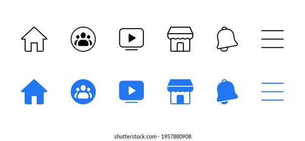 Home, Group, Watch, Marketplace, Notification, Menu. Facebook Element Icon Set Collection