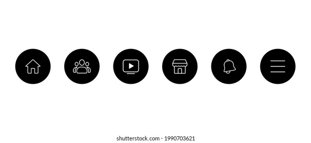 Home, Group, Watch, Marketplace, Notification, And Menu. Button Icon Set Of Facebook