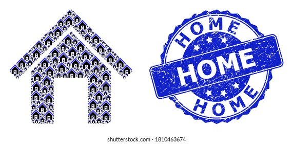 Home grunge round stamp and vector recursive mosaic home. Blue stamp seal includes Home text inside round shape. Vector mosaic is formed from recursive home items.