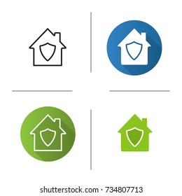 Home guard icon. Flat design, linear and glyph color styles. House with shield inside. Private property under protection. Isolated vector illustrations