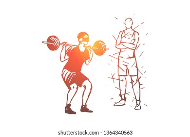 Home, gym, barbell, exercise, man, sport concept. Hand drawn man training at home with barbell and glasses concept sketch. Isolated vector illustration.