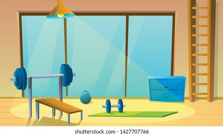 Home gym with big window.  Sport interior with barbells. Healthy gymnastic. Fitness room. Vector