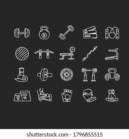 Home gym equipment chalk white icons set on black background. Strength training, physical activity. Professional gears for sport and indoor exercises. Isolated vector chalkboard illustrations