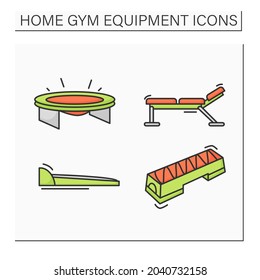 Home gym equipment color icons set. Sport and fitness tools. Walking pad, aerobic stepper, barbell bench, bounce trampoline. Isolated vector illustration