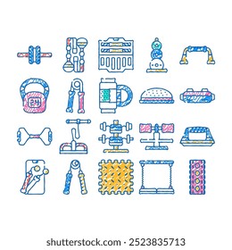 home gym equipment doodle icons set vector. sketch line art hand expander and massage roll, suitcase with dumbbells gym tool, skipping rope and exercise mat contour illustrations