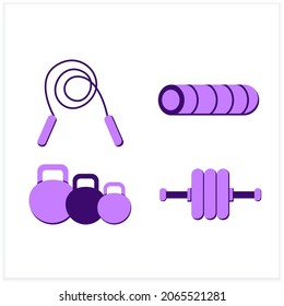 Home gym equipment flat icons set. Sport and fitness tools. Walking pad, aerobic stepper, barbell bench, bounce trampoline. Color vector illustration