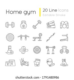 Home gym equipment linear icons set. Strength training customizable thin line contour symbols. Professional gears for sport and indoor exercises. Isolated vector outline illustrations. Editable stroke