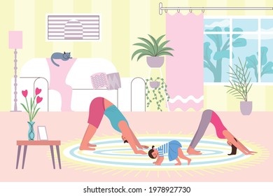 Home gym flat composition with cozy living room scenery and characters of practicing parents and child vector illustration