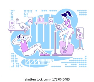 Home Gym Flat Silhouette Vector Illustration. Man And Woman Exercising Inside House. Workout For Selfcare. Couple Outline Characters On Blue Background. Family Activity Simple Style Drawing