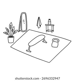 Sala interior del gimnasio. Estudio de la casa del ejercicio. Ilustración vectorial Doodle