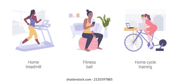 Home Gym Isolated Cartoon Vector Illustrations Set. Athletic Woman Running On A Treadmill At Home, Fitness Ball Workout, Cycle Training, Man Riding Stationary Bike, Sport And Fitness Vector Cartoon.