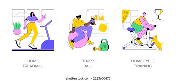 Home gym isolated cartoon vector illustrations set. Athletic woman running on a treadmill at home, fitness ball workout, cycle training, man riding stationary bike, sport and fitness vector cartoon.