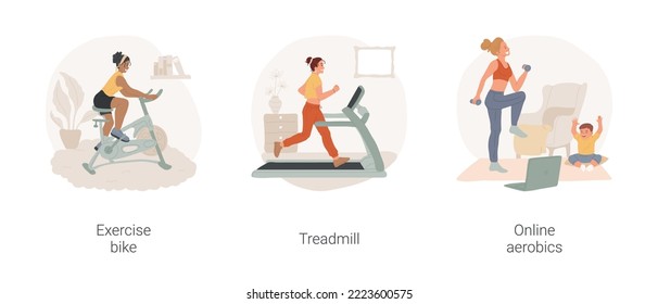 Home gym isolated cartoon vector illustration set. Riding a stationary bike, home gym equipment, running on treadmill, cardio workout, online aerobics with baby, active lifestyle vector cartoon.