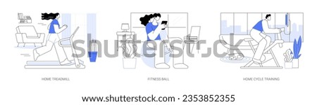 Home gym isolated cartoon vector illustrations set. Athletic woman running on a treadmill at home, fitness ball workout, cycle training, man riding stationary bike, sport and fitness vector cartoon.