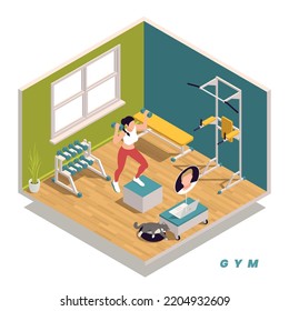Home gym isometric concept with woman doing barbell workout vector illustration