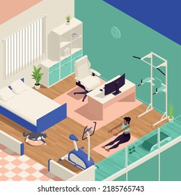 Home gym isometric with girl doing stretching in the room vector illustration