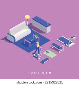 Home gym isometric with girl doing elliptical machine training indoors vector illustration