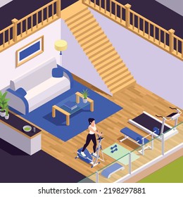 Home gym isometric with girl working on elliptical trainer vector illustration