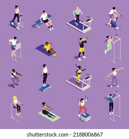 Iconos isométricos de gimnasia casera con gente haciendo fitness con máquinas simples de ejercicios aislados ilustración vectorial