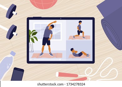 Home Gym. Online Workout Classes On Tablet. Sport Blog, Vlog Channel. Virtual Instructor Showing Exercises. Fitness Equipment. Physical Activity, Keeping Fit And Healthy Lifestyle Vector Illustration