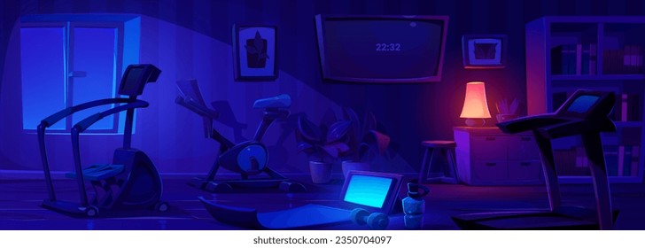Home gym room at night with yoga equipment cartoon vector background. Sport exercise and fitness workout indoor house studio at midnight. Tablet screen glow in dark wellness apartment panorama