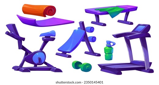 Home gym room with sport equipment cartoon vector exercise set isolated on white background. Active workout icon illustration collection with dumbbell, treadmill, elliptical trainer and bottle clipart