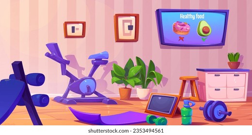 Home gym room for yoga and sport exercise vector background. Fitness studio inside house with mat, dumbbell, elliptical trainer and drawers. Apartment with abdominal equipment and tv graphic design