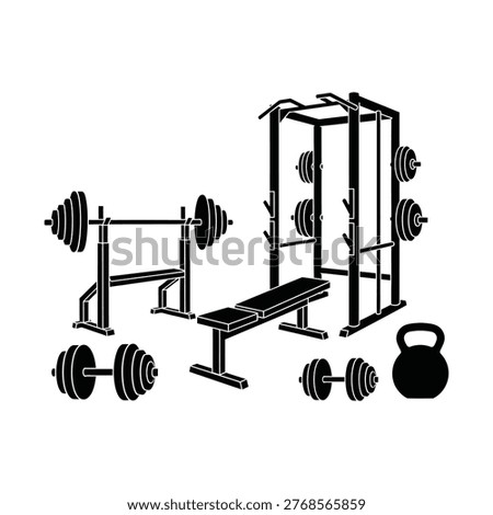 A home gym setup featuring a bench, squat rack, barbells, dumbbells, plates, and a kettlebell.