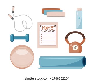 Home and gym workout tools set. Health care concept.  Physical activity and healthy lifestyle. Vector flat illustration