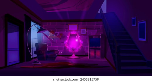 Interior de la sala de estar por la noche con espejo rosa brillante mágico. Ilustración vectorial de dibujos animados de fantasía mago portal de pie en la sala de entrada con muebles y escaleras. Hada bruja marco misterioso.