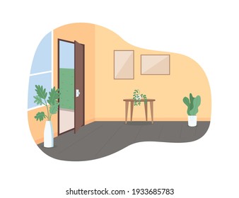 Home hall with open door 2D vector web banner, poster. Corridor with entryway. House room interior flat scene on cartoon background. Household printable patch, colorful web element