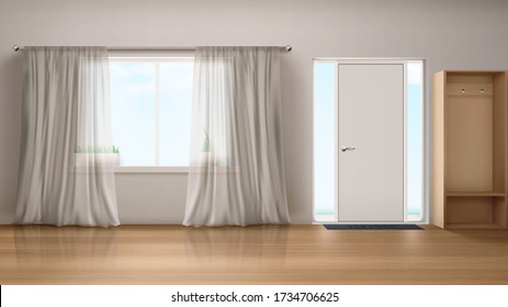 Home hallway with entrance door, window with white silk curtains and wardrobe. Vector realistic interior of empty corridor, house hall with wooden floor and glass insert near closed door