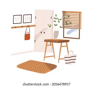 Home hallway interior design. Modern cozy antechamber with door, window, hook, plant and decor. Entry room in minimalistic Scandinavian style. Flat vector illustration isolated on white background