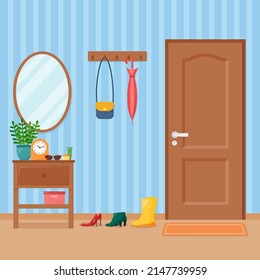 Home hallway interior with door, vector illustration
