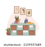 Home hallway interior shoe rack, pictures on wall. Vector cartoon illustration of modern house hall with wooden furniture and plants in pot. Shelf with hat and shopping bag, flat cartoon style