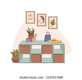 Home hallway interior shoe rack, pictures on wall. Vector cartoon illustration of modern house hall with wooden furniture and plants in pot. Shelf with hat and shopping bag, flat cartoon style