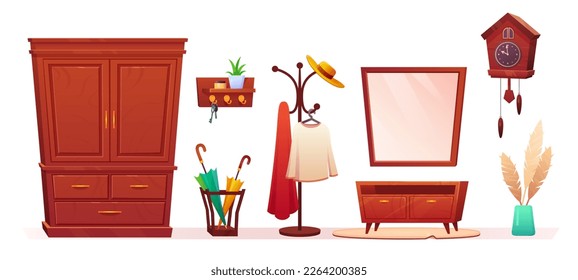 Home hallway interior vector isolated furniture set. Hook in apartment with clothes, umbrella storage and big closet for coat clipart collection to construct modern hall room in flat with shelf.