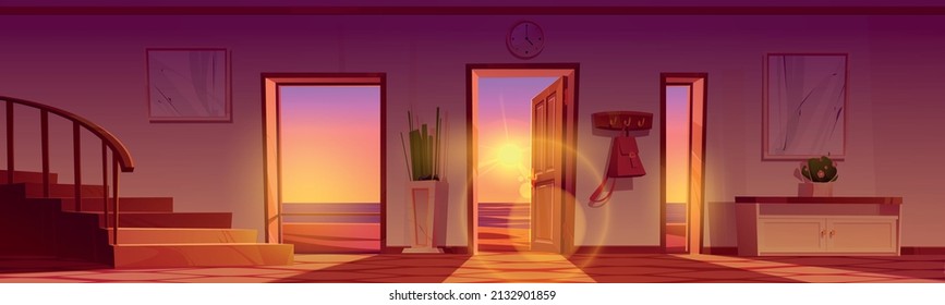 Home hallway with open door and view to sea beach at sunset. Vector cartoon illustration of house or hotel hall interior with wooden stairs, furniture and ocean outside