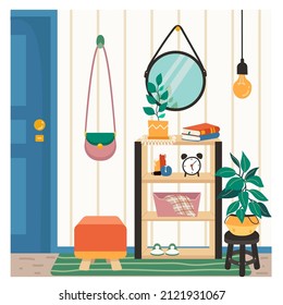 A Home Hallway with a Shelf with decorations, Potted Plants, Padded Stool, a hanging Mirror, Striped walls.Cozy anteroom with furniture in flat style. vector illustration isolated on white.